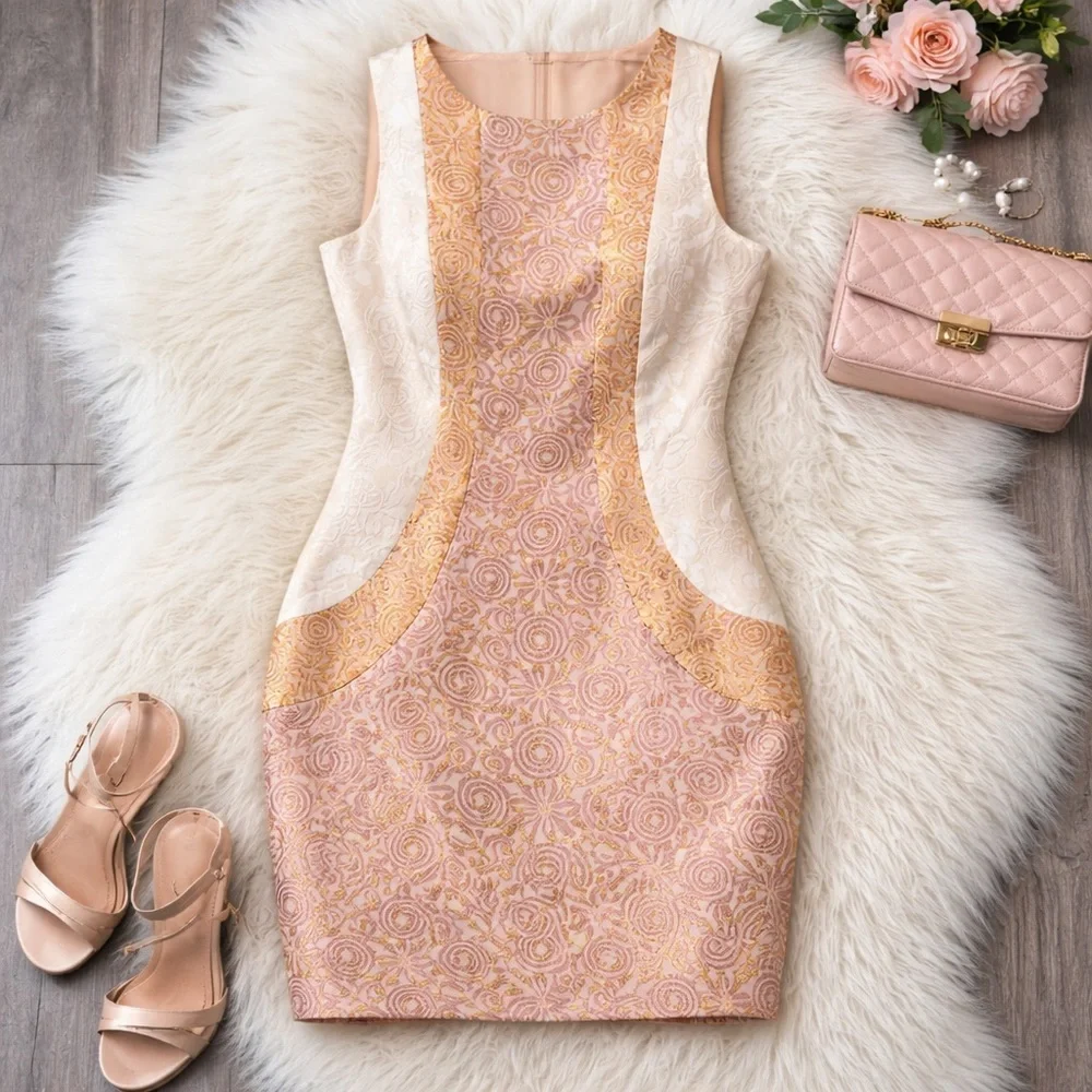 Champagne & Strawberry Metallic Brocade Sheath Dress Gold Purple Pink M